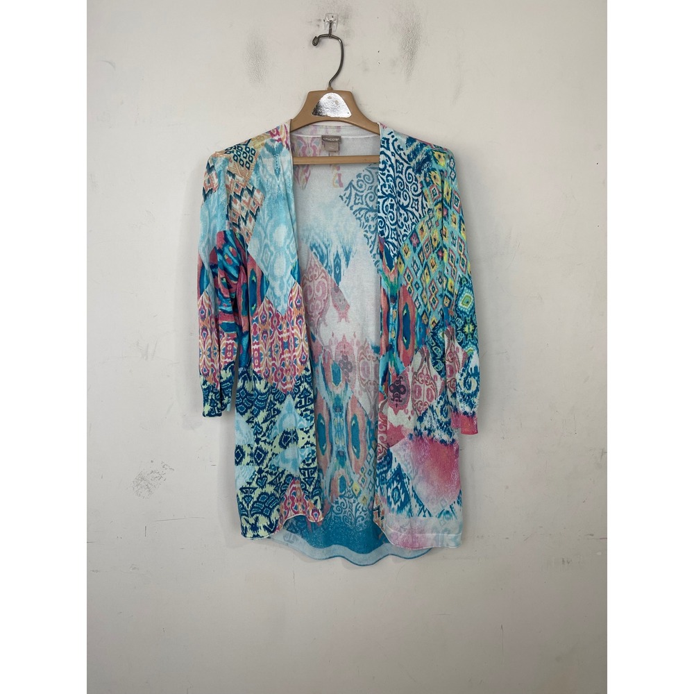 Chico's Multi Color Patchwork Ikat Paisley Open Front Cardigan Size 1‎ Medium
